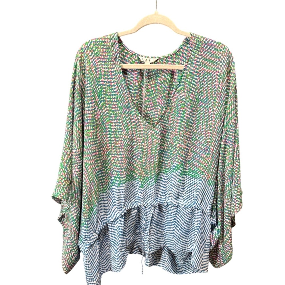 Cabi Green ChevronPrint V-Neck DrawstringBlouse Women Large Bohemian Flowy Indie